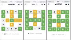 Three screenshots of Waffle: beginning, middle, and end of game. 