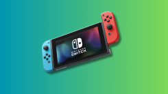 Nintendo Switch on a teal and green gradient background.