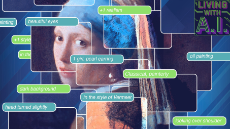 AN image of the painting The Girl With the Pearl Earring but fractured into different boxes surrounded by AI art prompts like "in the style of vermeer" and "looking over shoulder"